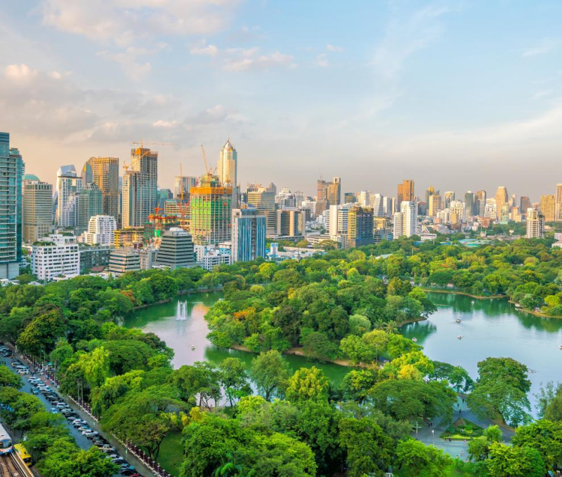 Bangkok skyline city view with modern skyscrapers, central business district, and urban landscape in Bangkok, Thailand, a major hub for property investment and real estate growth